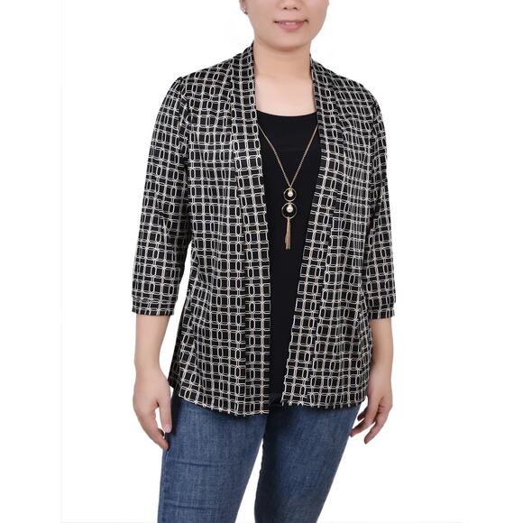 NY Collection 3/4 Sleeve Blouse Jacket Combo x Necklace Black Petite Small NWT - Picture 1 of 16